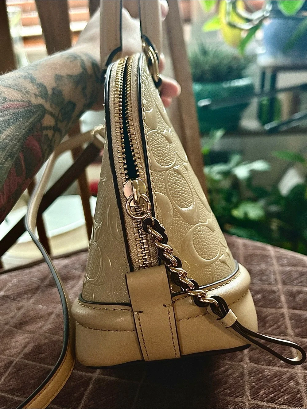 Coach Classic Katy Cream Dome Satchel with Signature Embossing and Gold Hardware